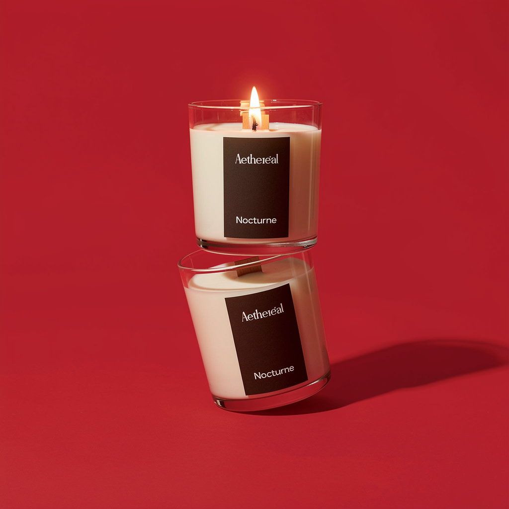 A lit candle in a glass jar labeled Aethereal Nocturne, with a mirrored reflection on a red surface and background.