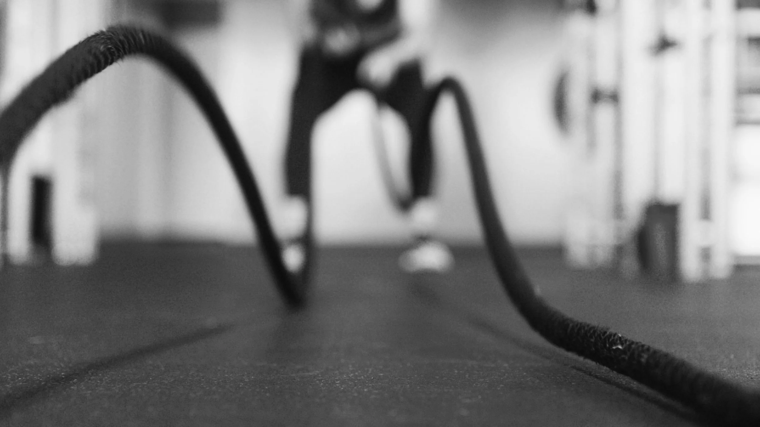 Boden mit turnhallenartigem Hintergrund, im Vordergrund Kletterseile auf dem Boden