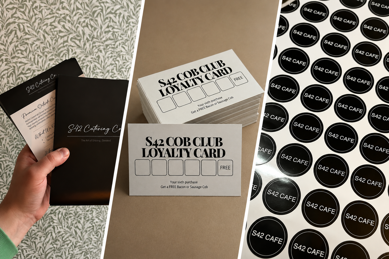 Photographs of loyalty cards and stickers for S42 CAFE, including a person's hand holding a black folder, a stack of loyalty cards, and sheets of circular stickers with 'S42 CAFE' printed on them.