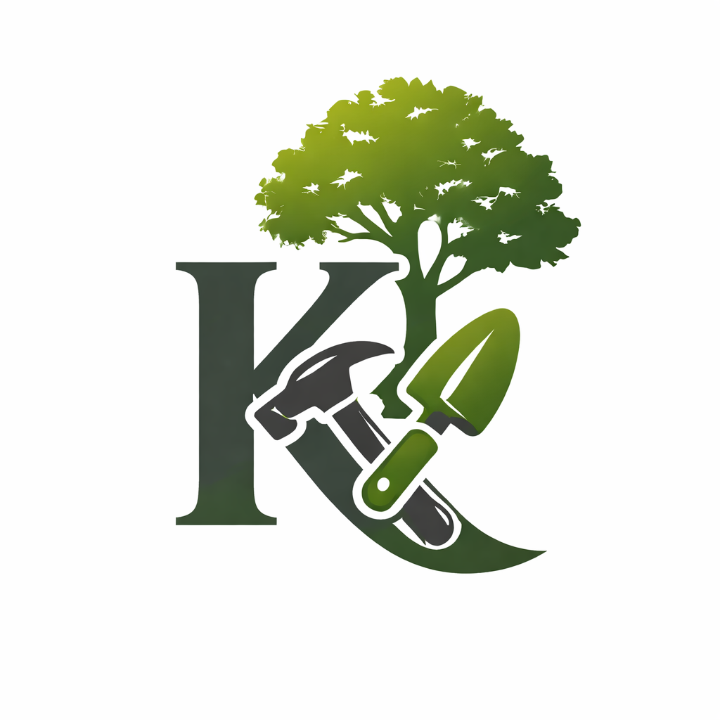 Ein Logo mit einem Baum, einem Hammer und einer Gartenschaufel, die die Buchstaben 'K' bilden.