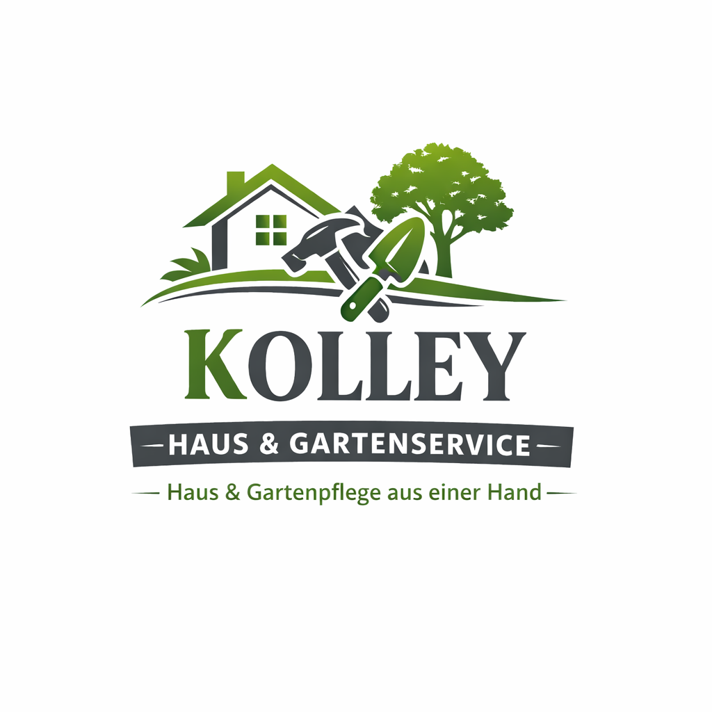 Logo für Haus- und Gartenservice mit Haus, Baum, Hammer, Schraubenzieher und Tropfen, Schriftzug 'KOLLEY Haus & Gartendienst' und Slogan 'Haus & Gartenpflege aus einer Hand'.