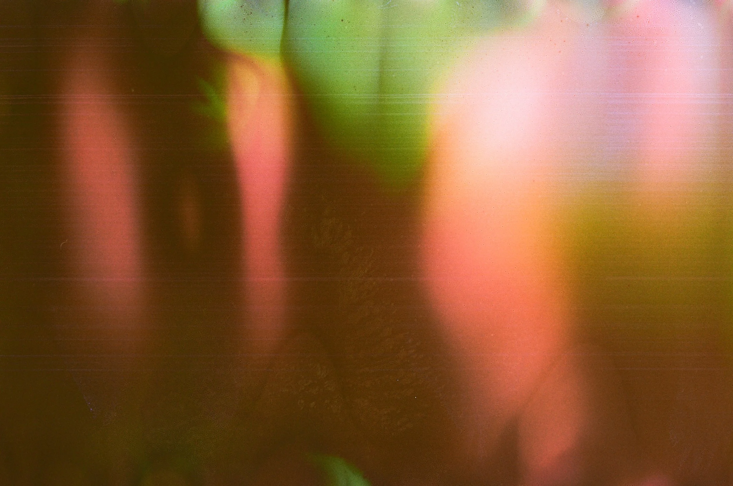 A blurred close-up of pink, green, and brown colors.