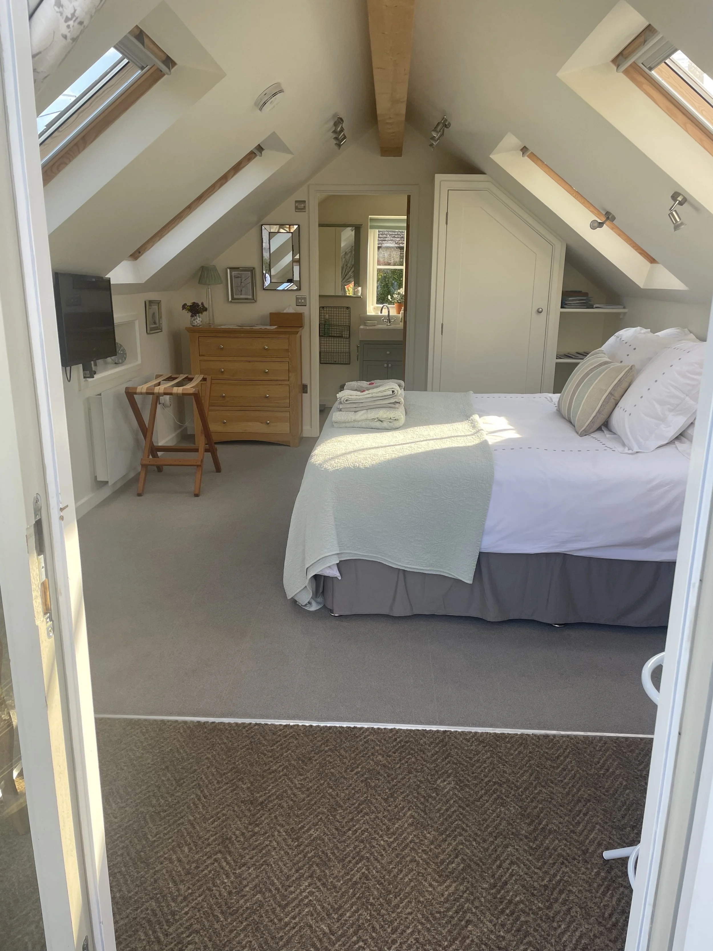 A cozy attic bedroom with a sloped ceiling, skylights, a bed with white linens and striped pillows, a wooden dresser, a small television, and a view into a small sink area.