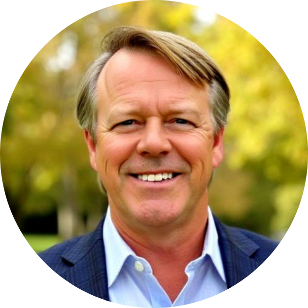 A middle-aged man with light brown hair smiling outdoors, wearing a blue suit jacket and light blue collared shirt, with green trees in the background.