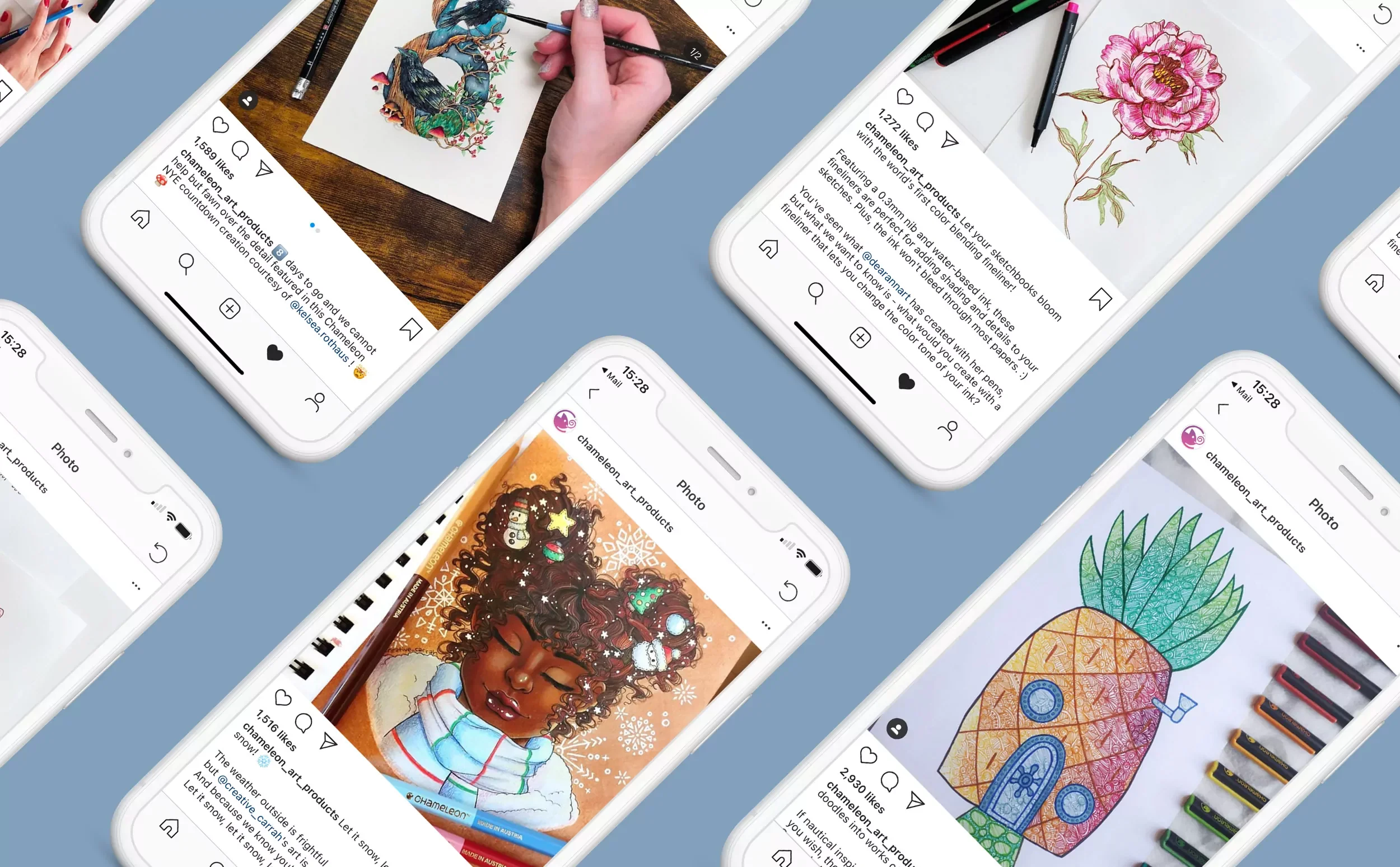 Multiple smartphones displaying colorful digital artwork and illustrations, including a floral design, a festive girl with holiday motifs in her hair, a pineapple with detailed decorations, and floral patterns, with some images showing art supplies like pencils and markers.