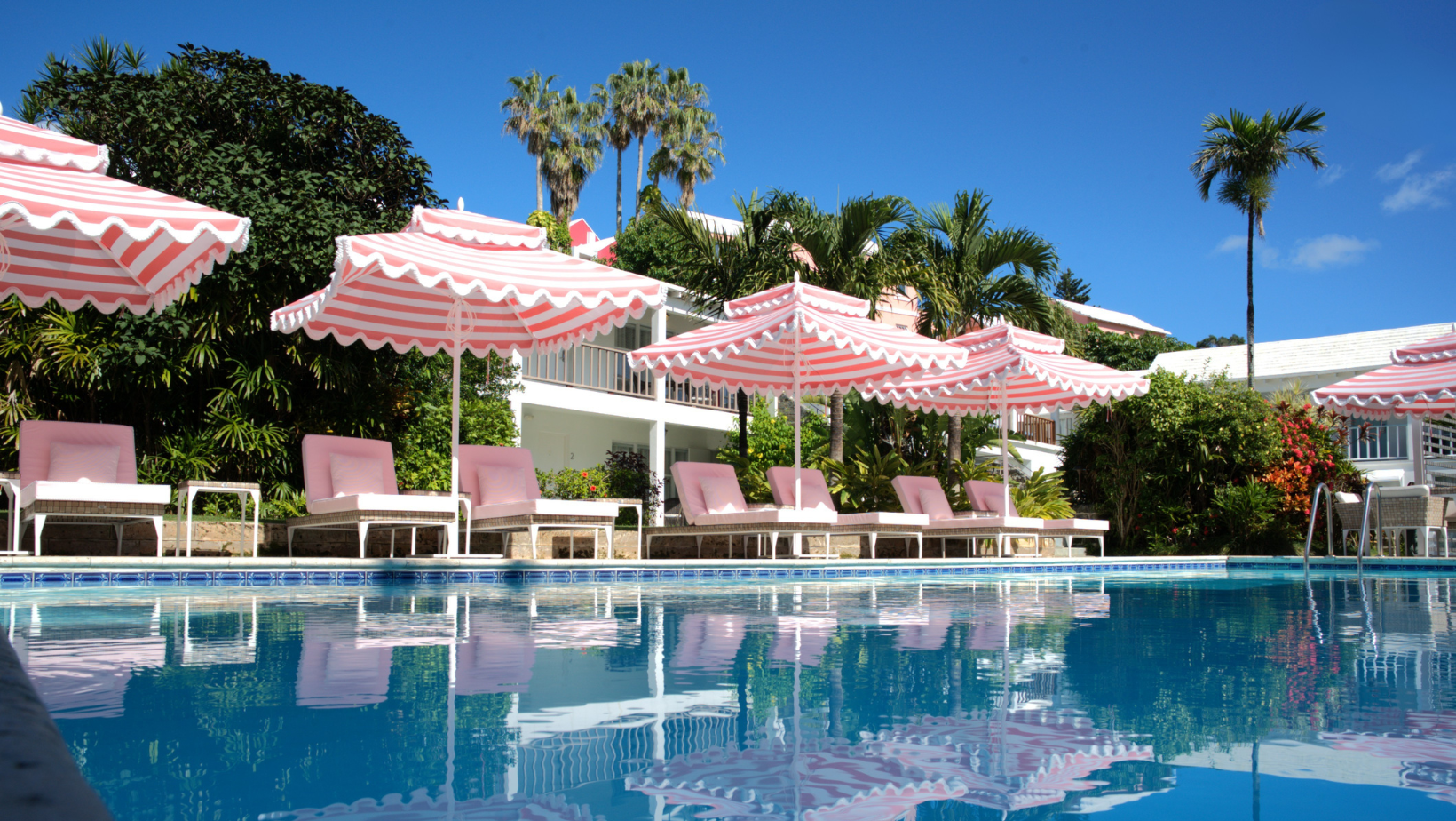 Poolside scene with pink lounge chairs, pink-striped umbrellas, and tropical greenery, with a clear blue sky overhead.