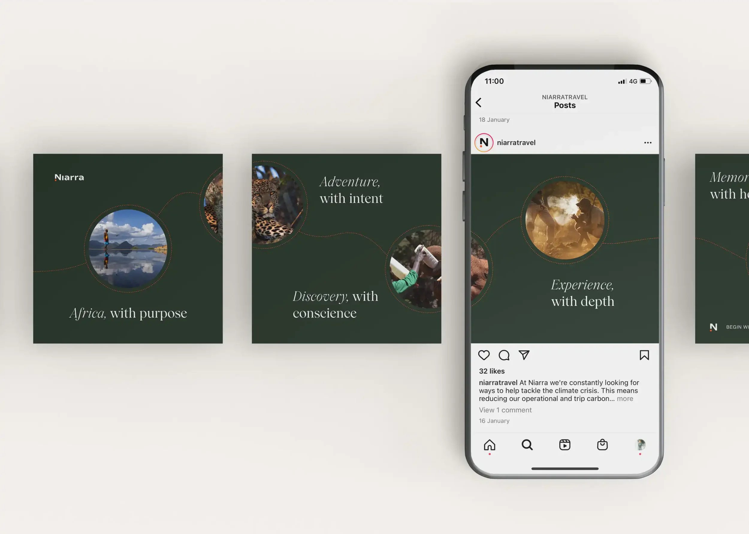 Social media post templates with green backgrounds, circular images, and inspirational text about Africa, adventure, discovery, and experience, alongside an example Instagram post on a phone screen.