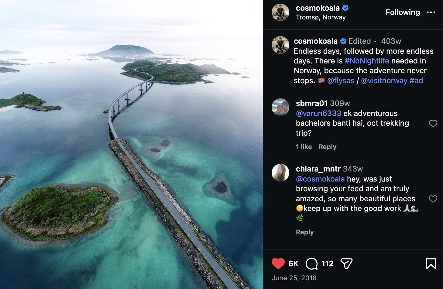 Aerial view of a bridge connecting small islands in a blue ocean near Tromsø, Norway.