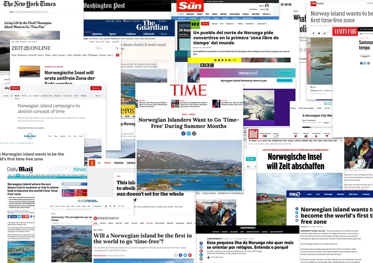 Collage of international news websites and articles about Norwegian islands and the concept of being 'time-free'.