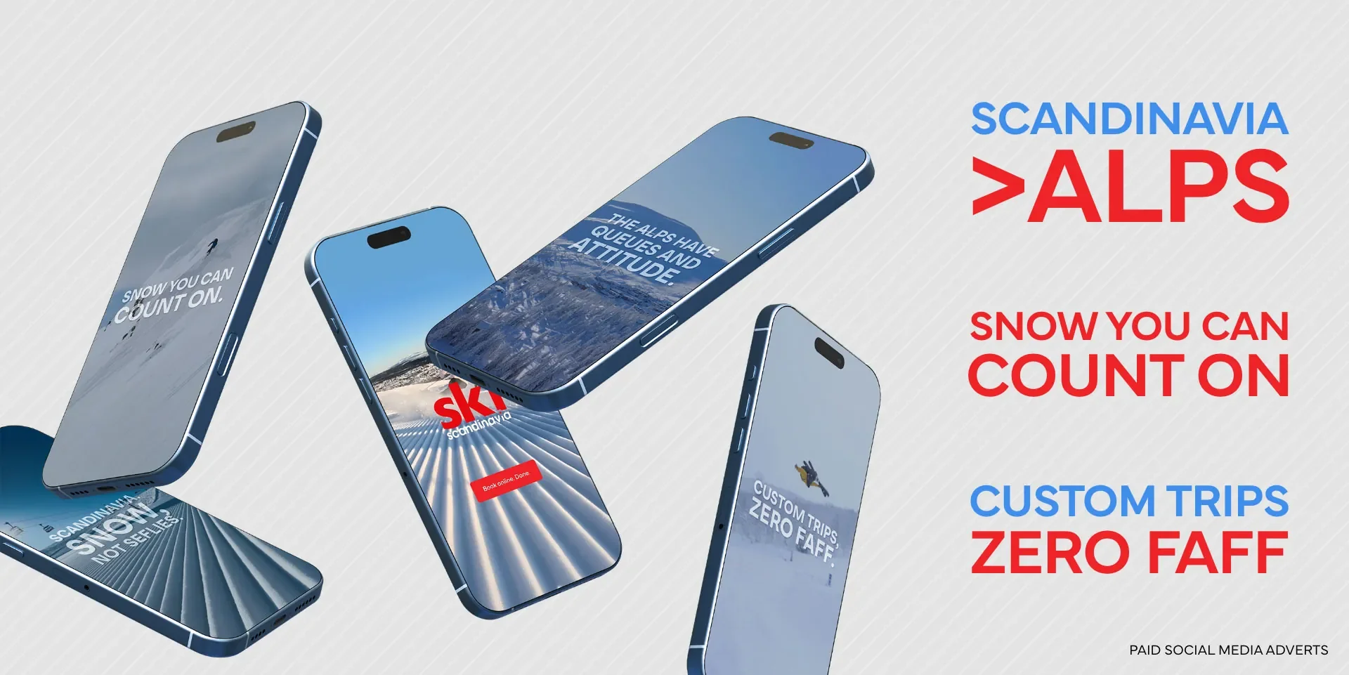 Multiple iPhones displaying promotional images and text for Scandinavia Alps travel service, with phrases like 'Snow you can count on', 'Custom trips zero FAFF', and 'The Alps have queues and attitude' in red and blue text.