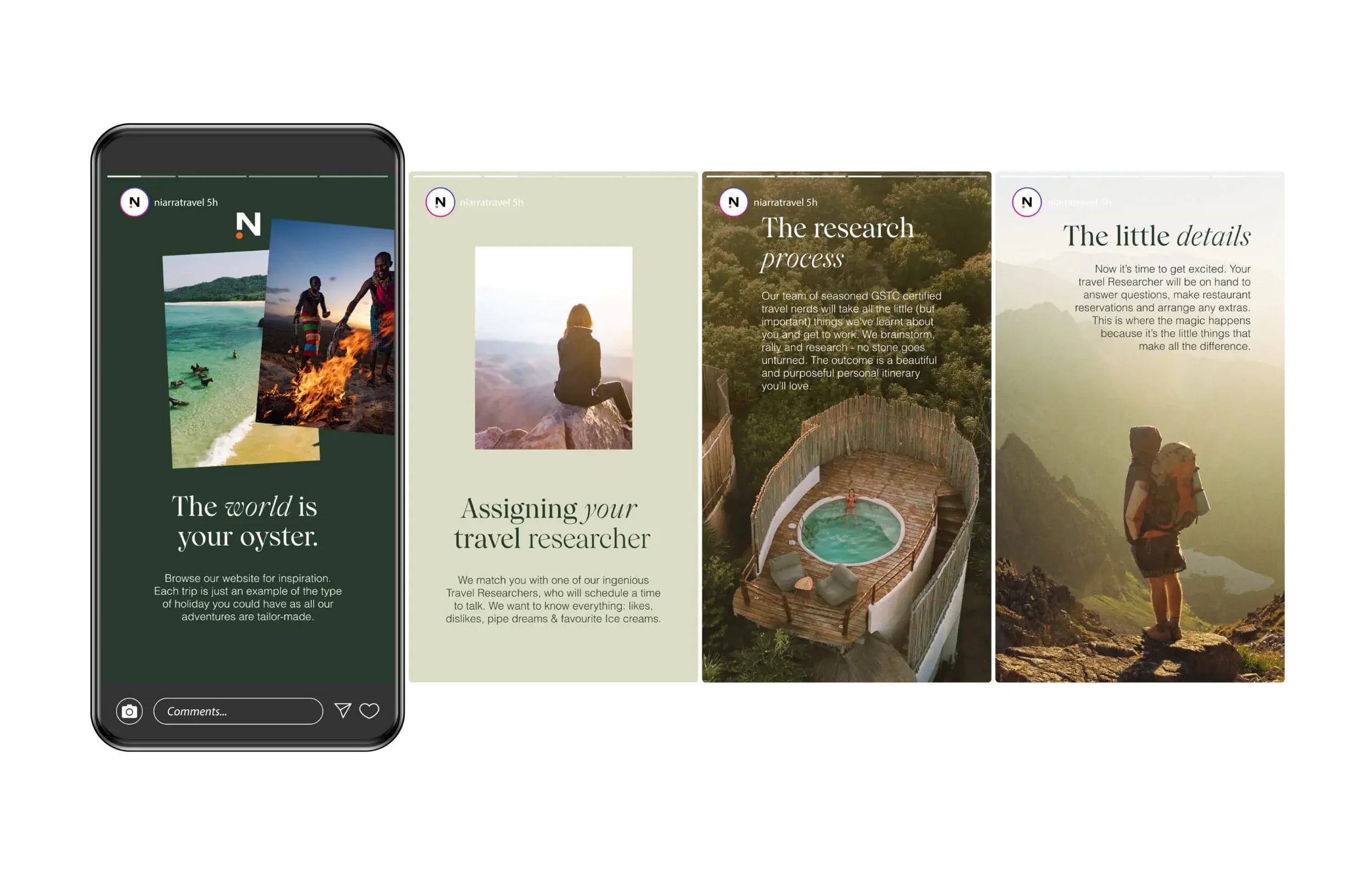 A series of four travel-focused Instagram posts. The first shows a phone with travel images and the caption 'The world is your oyster.' The second features a photo of a woman sitting on a rock, with the caption 'Assigning your travel researcher.' The third displays a woman in a hot tub with the caption 'The research process.' The fourth has a hiker with a backpack overlooking a mountain, with the caption 'The little details.'