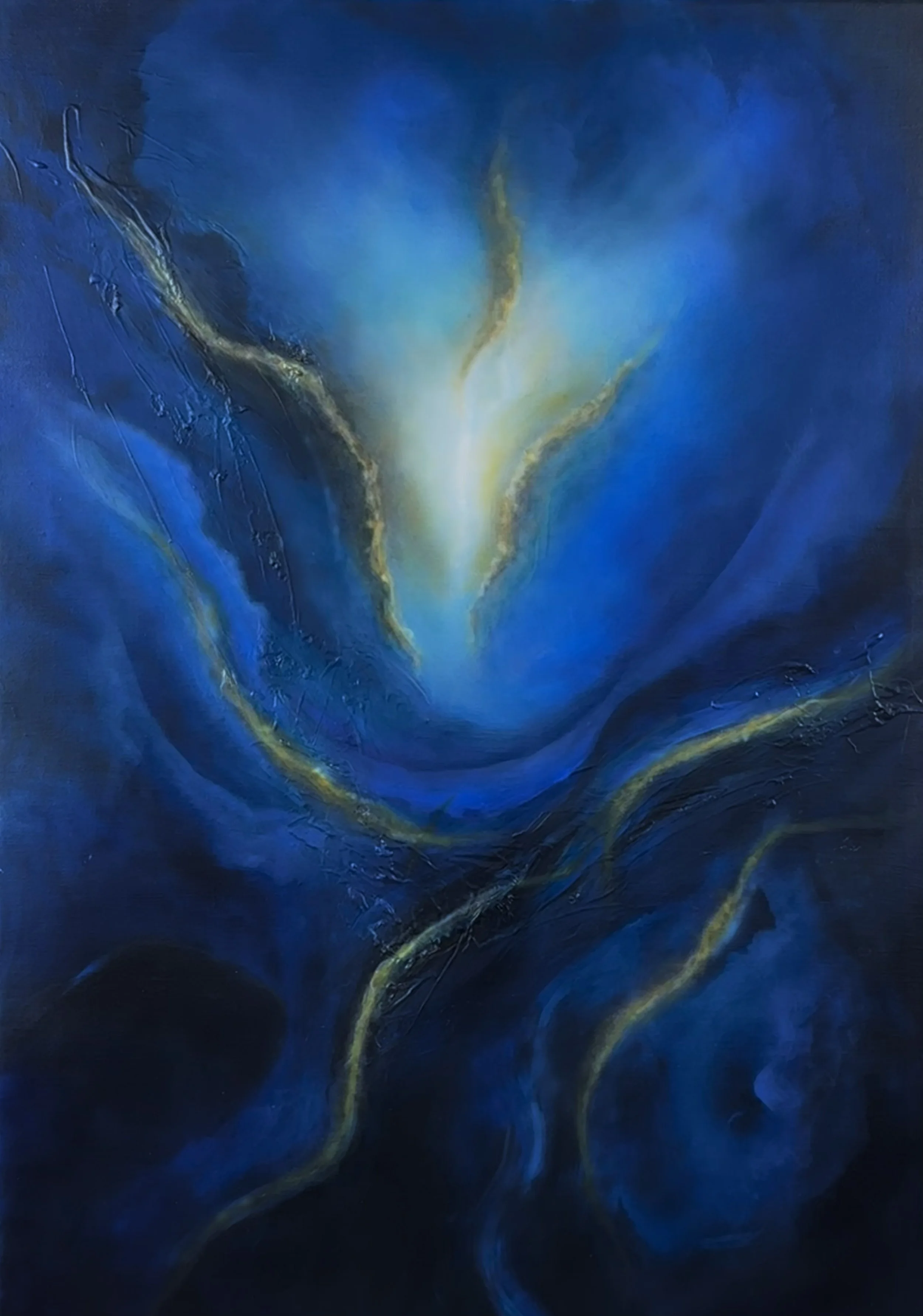 Abstract painting in deep blues with touches of white and gold, suggesting light emerging through layered textures and flowing movement.