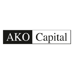 Logo with the text 'AKO Capital' in black and white