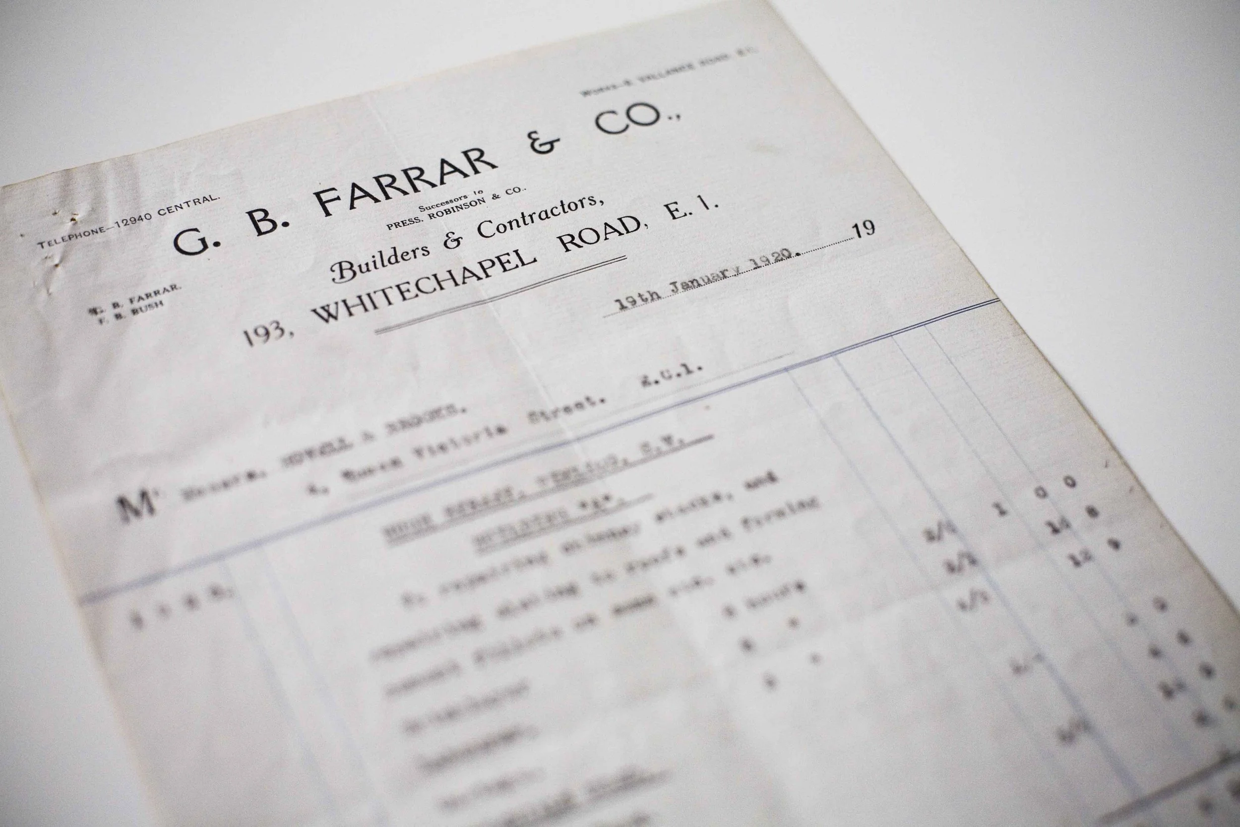 An old document or invoice from G. B. Farrar & Co., Builders & Contractors, dated January 19, 1920, with a partial view of text and details.