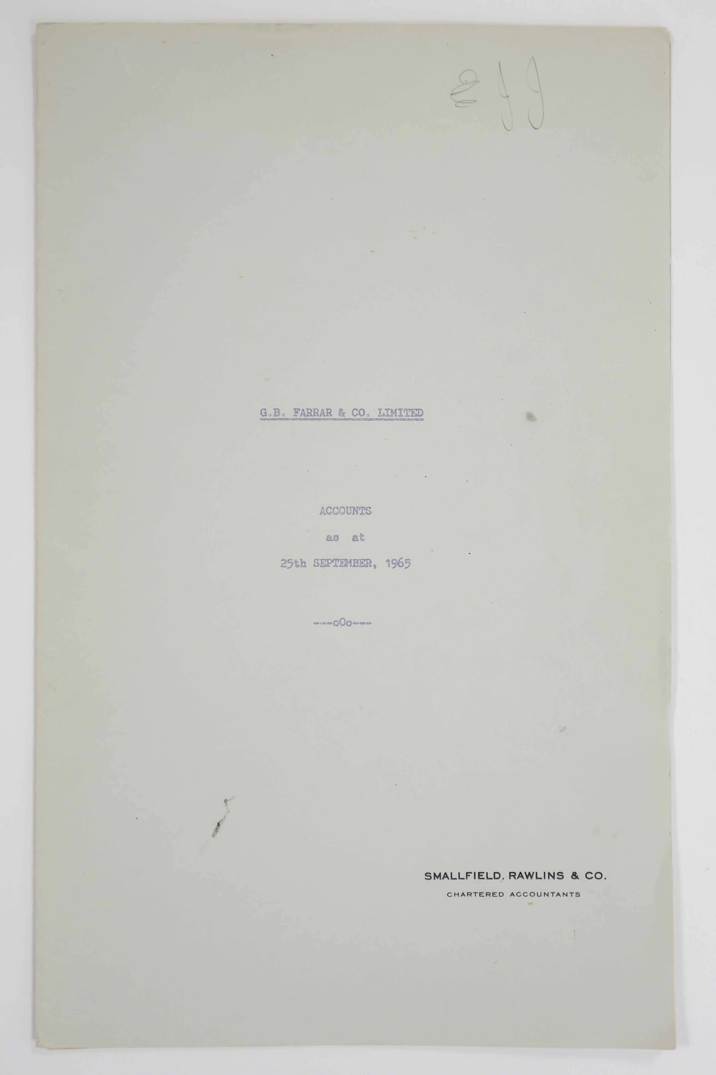 Cover page of a booklet titled 'Accounts' prepared for a meeting on September 25th, 1965, by Smallfield, Rawlins & Co., Chartered Accountants, with some handwritten notes in the top right corner.