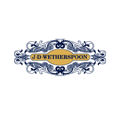 Logo with the text 'J.D. Wetherspoon' in stylized font surrounded by decorative blue and gold design.