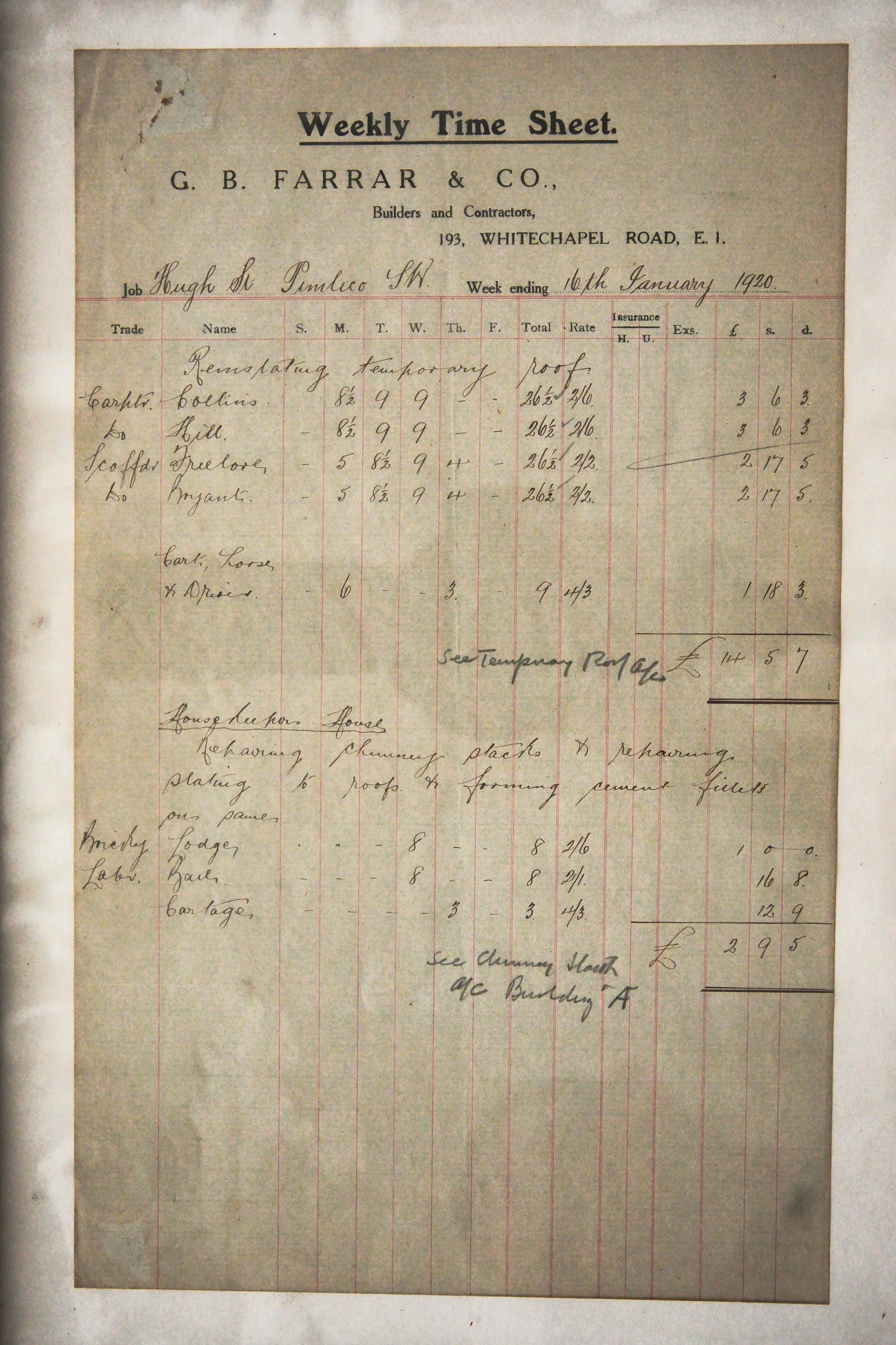 Historical document titled 'Weekly Time Sheet' for G. B. Farrar & Co., Builders and Contractors, dated January 16th, 1920, listing workers, their trades, hours worked, and wages.