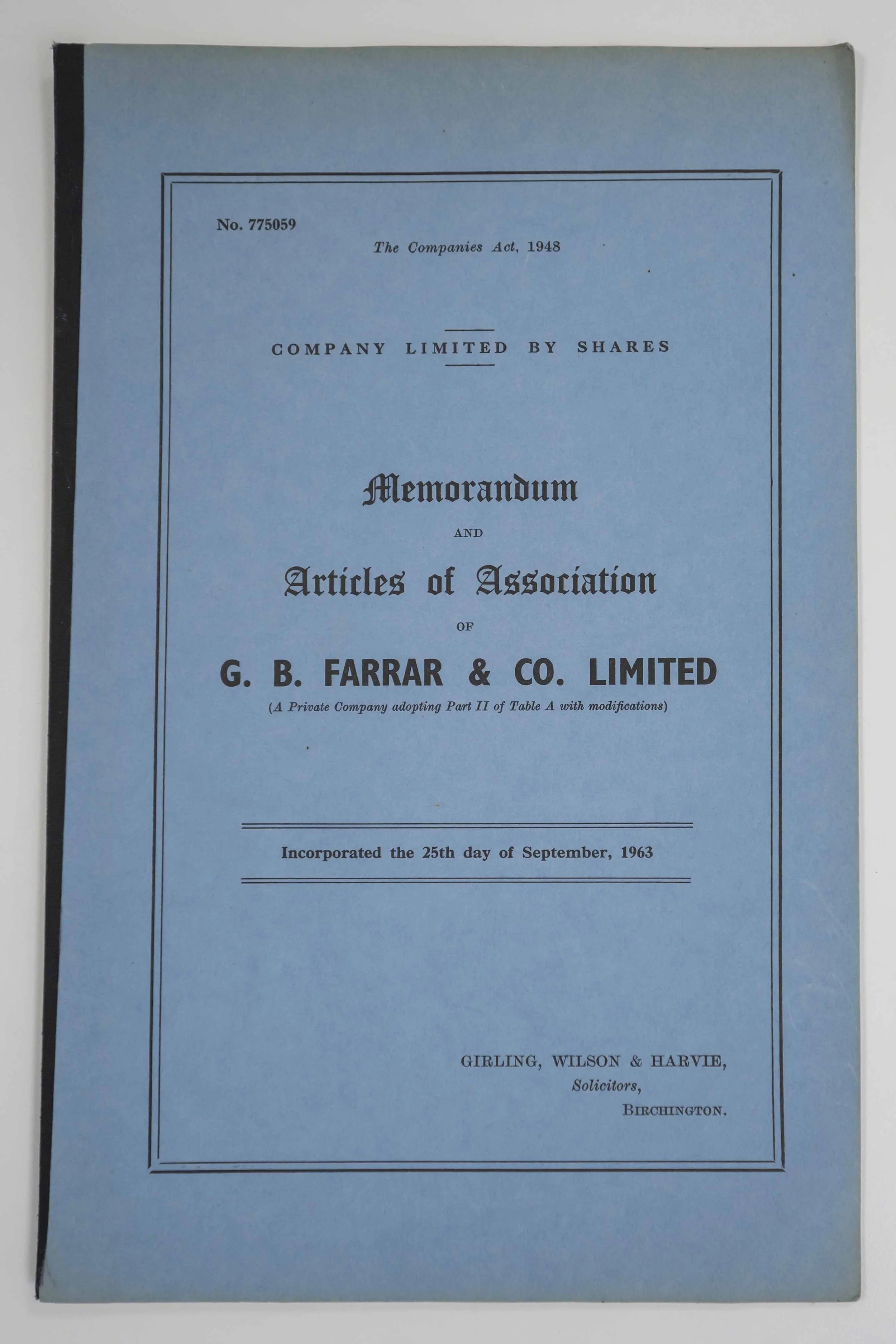 Cover page of a legal document titled 'Memorandum and Articles of Association' for G. B. Farrar & Co. Limited, related to company incorporation in 1963.