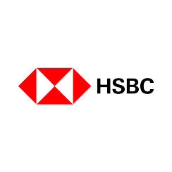 HSBC bank logo with red hexagon and black text on black background