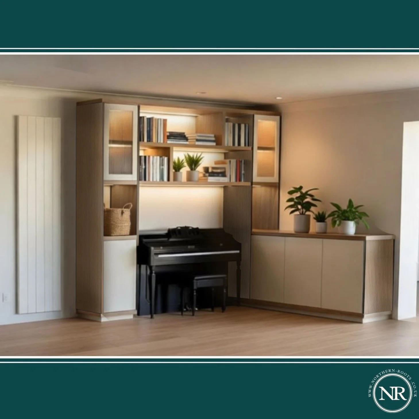 A new in‑house project: a bespoke shelving unit designed around a family piano, with reeded glass and soft integrated lighting. The design stage is complete, and we are looking forward to starting the making process in our Shenley workshop soon. #bes