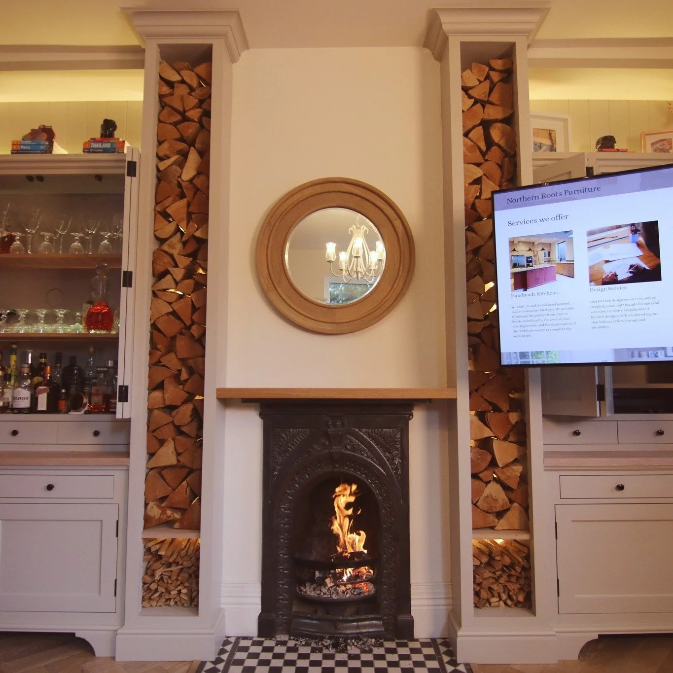 A floor‑to‑ceiling log store with a hidden TV and drinks cabinet behind bifold doors.
One of our favourite pieces, with WiFi‑controlled smart lighting adding a soft, warm glow for cosy evenings.

#madeinshenley #hertfordshirebusiness #hertfordshireho