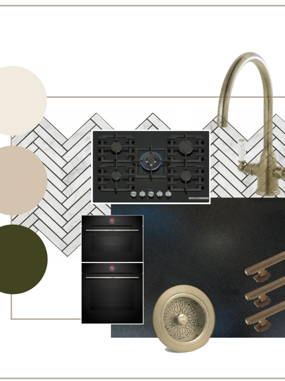 Design presentation showing paint colours, hardware options, and material samples for a bespoke kitchen.