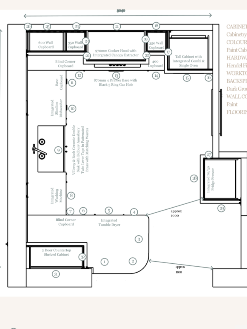 Technical drawing of a bespoke kitchen layout with measured cabinetry and appliance positions.