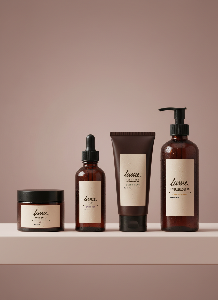 Line of four skincare products with brown packaging and white labels on a white shelf against a pinkish background, including a face cream, facial serum, face mask, and face cleanser.