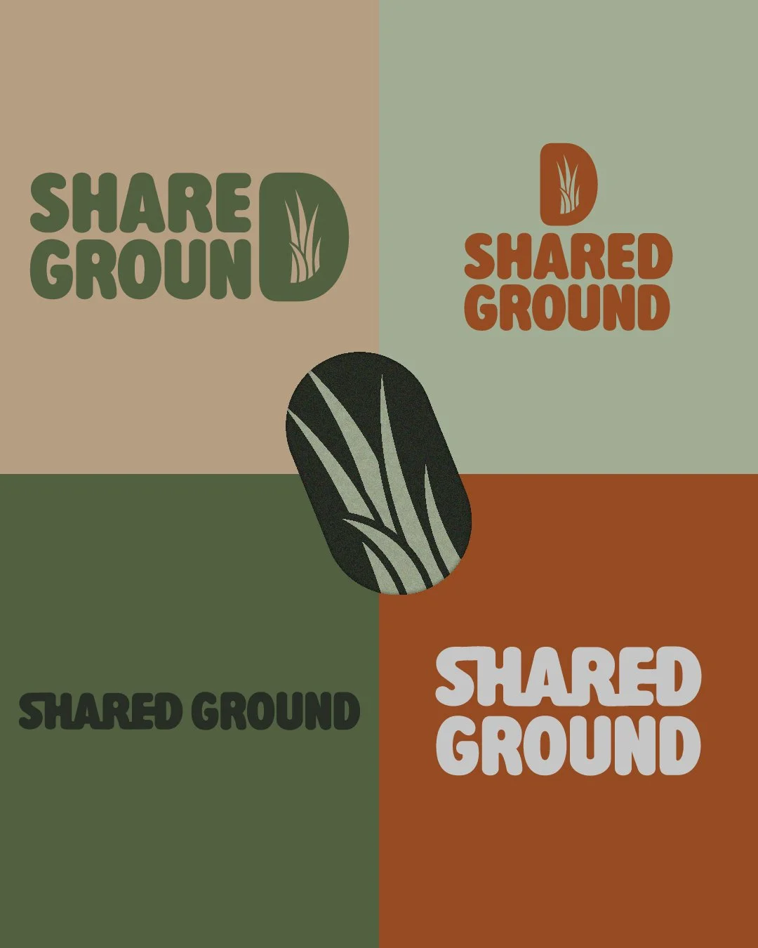 Colorful graphic poster with four quadrants, each containing the words 'SHARED GROUND' in bold fonts and a small plant icon, featuring earthy tones like green, beige, brown, and black.