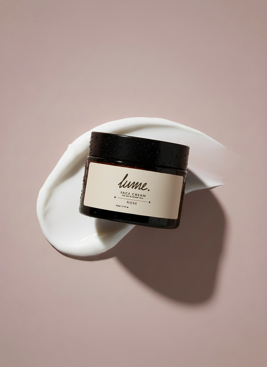 A dark jar of Lume face cream labeled 'Rose' resting on a dollop of white cream or lotion on a pink surface.