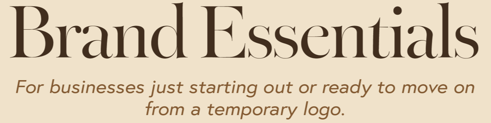 Text on a beige background that reads 'Brand Essentials for businesses just starting out or ready to move on from a temporary logo'.