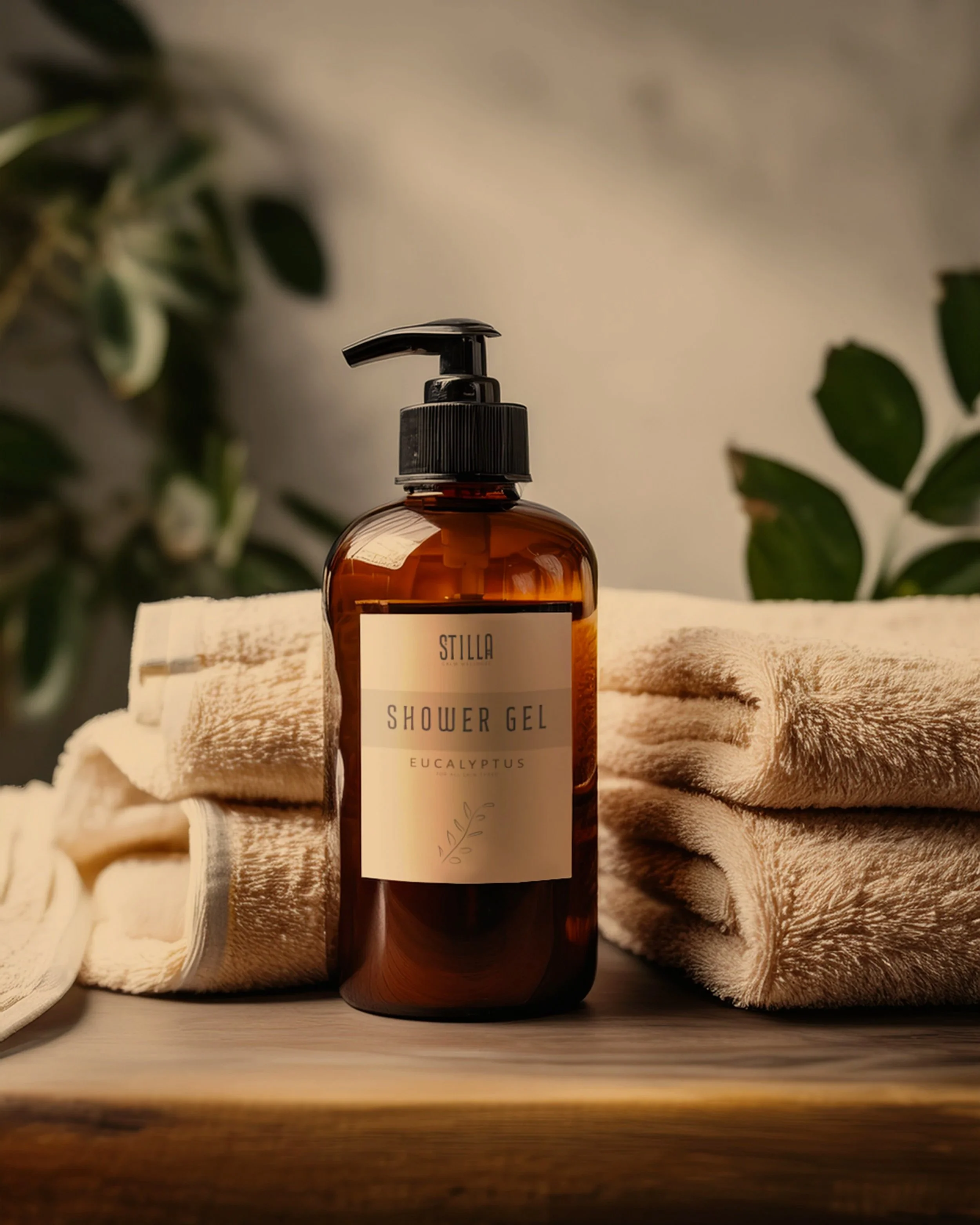 A brown plastic bottle of Stilla shower gel with eucalyptus scent, positioned on a wooden surface between folded towels and green leaves in the background.