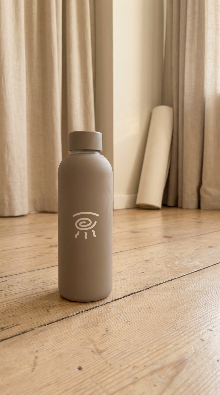 Gray bottle with a spiral symbol and steam lines, sitting on a wooden floor near curtains and a rolled-up yoga mat.