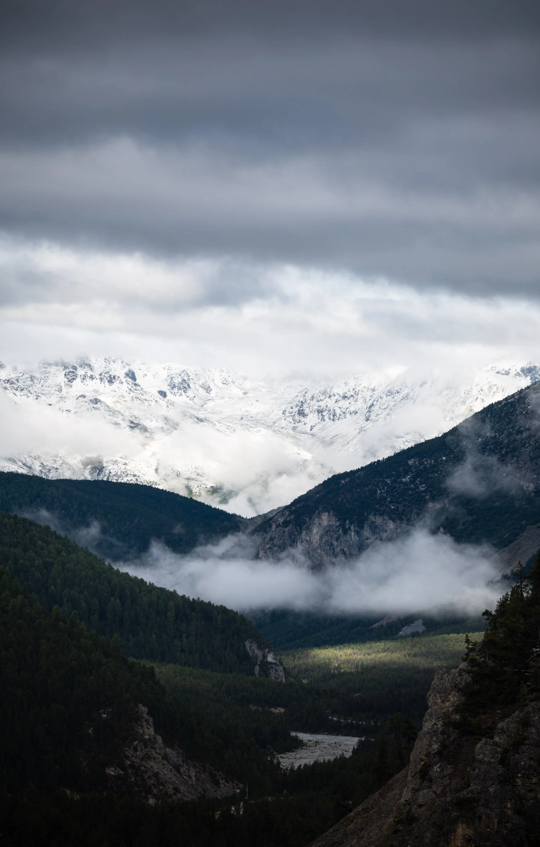 Berglandschaft mit Wolken, schneebedeckten Bergen im Hintergrund und bewaldeten Tälern im Vordergrund.