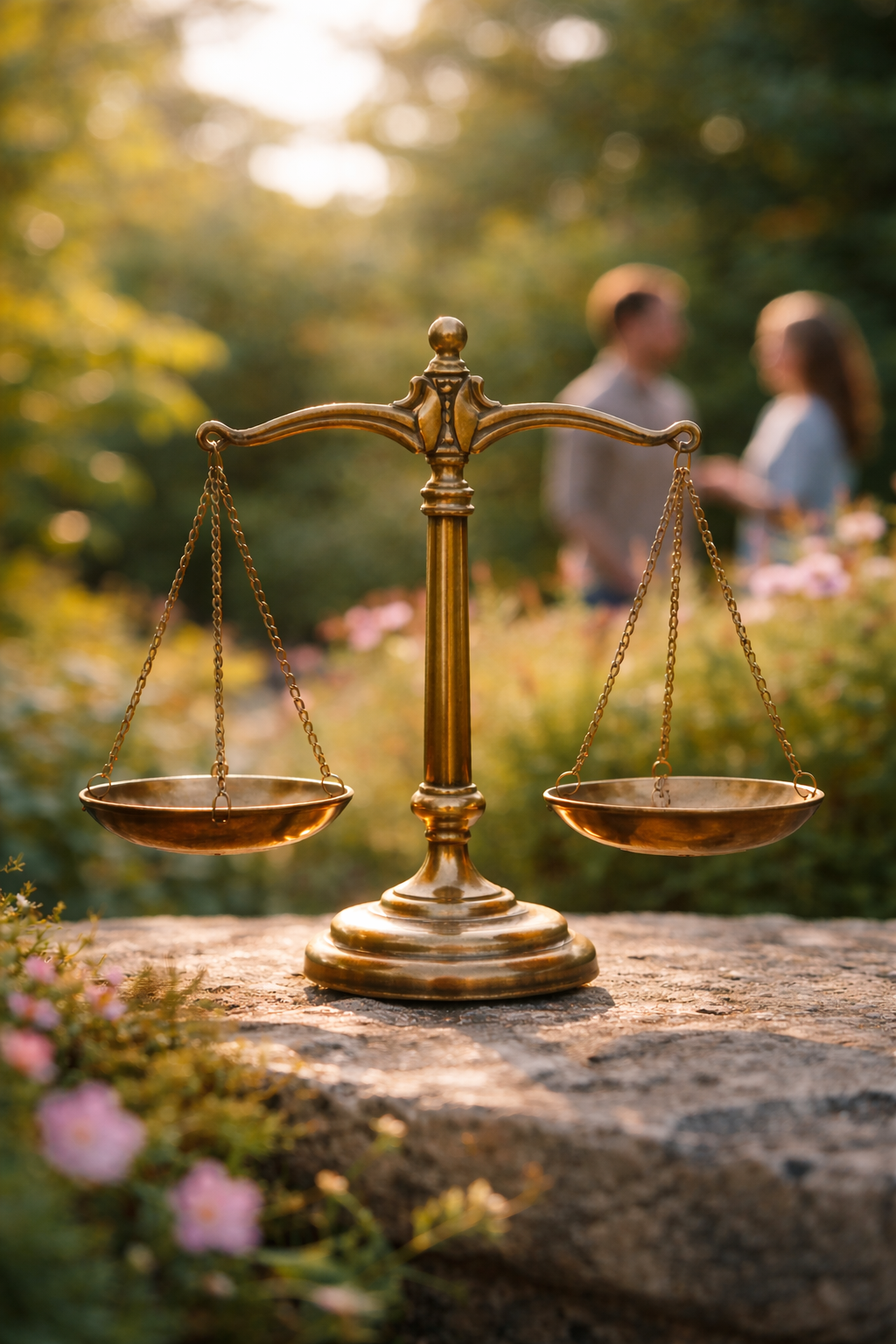 En gylden vægtskål med tomme skåle, placeret på en sten, med to personer i baggrunden foran et grønt og blomsterfyldt udendørsområde, i blødt lys.