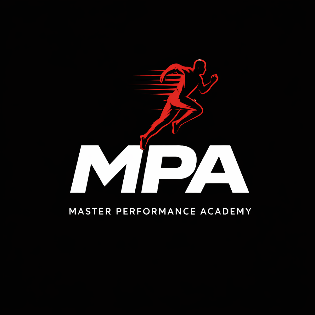 Logo for Master Performance Academy featuring a red, stylized running person and the white acronym 'MPA' with the full name below on a black background.