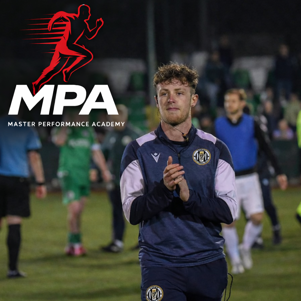 A young man with curly hair and a beard standing on a soccer field, clapping, with other players and spectators in the background. The logo for Master Performance Academy (MPA) with a running figure in red is overlaid on the image.