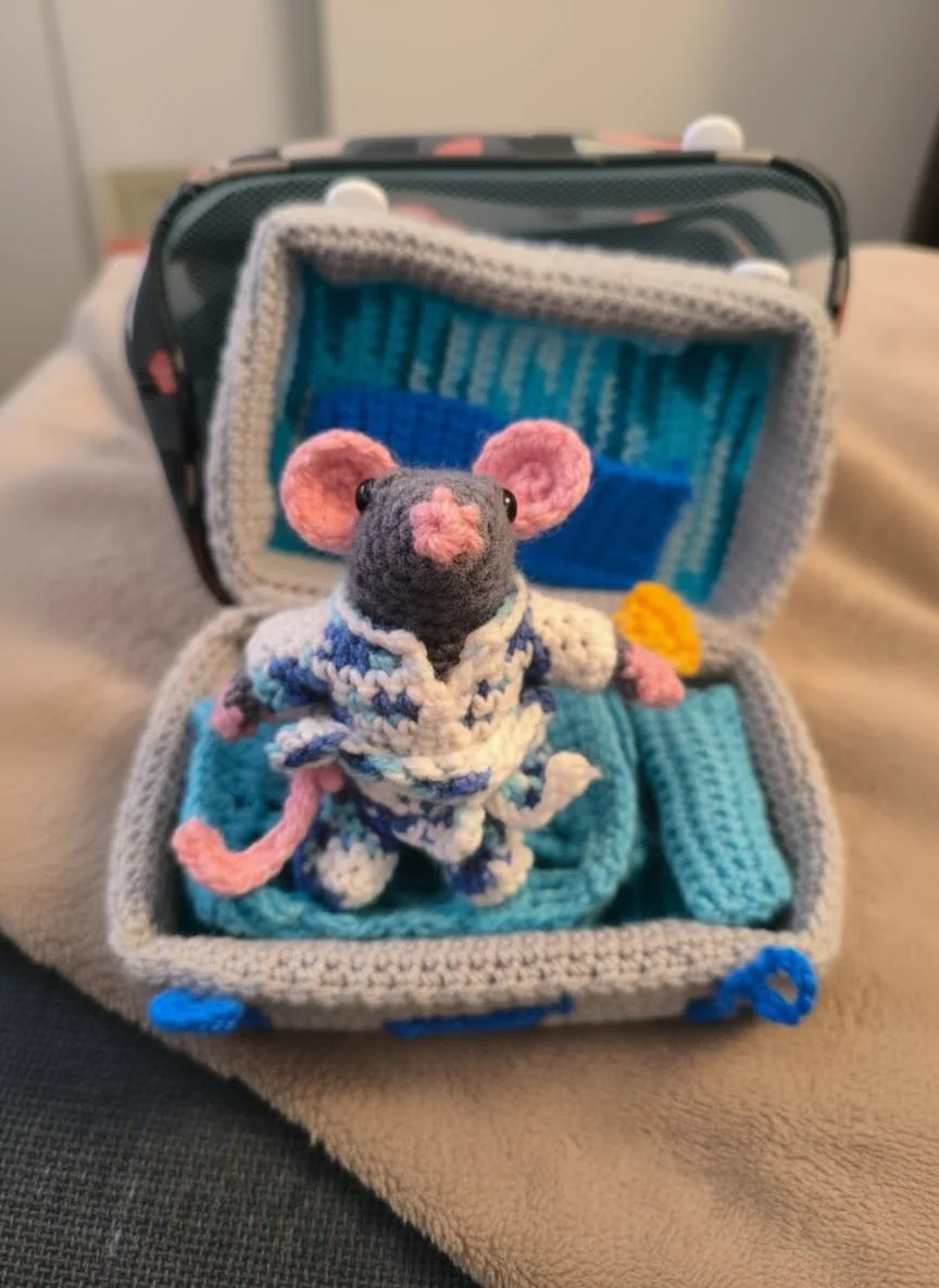 029 Maus im Koffer mit Käse,Decke,Kissen,Bademantel,Latschen
Design nach Belieben ab 40 €