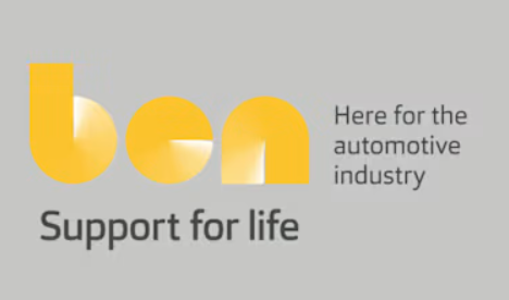 Logo with the word 'ben' in yellow letters and the phrase 'Support for life' underneath, along with the tagline 'Here for the automotive industry' on a gray background.