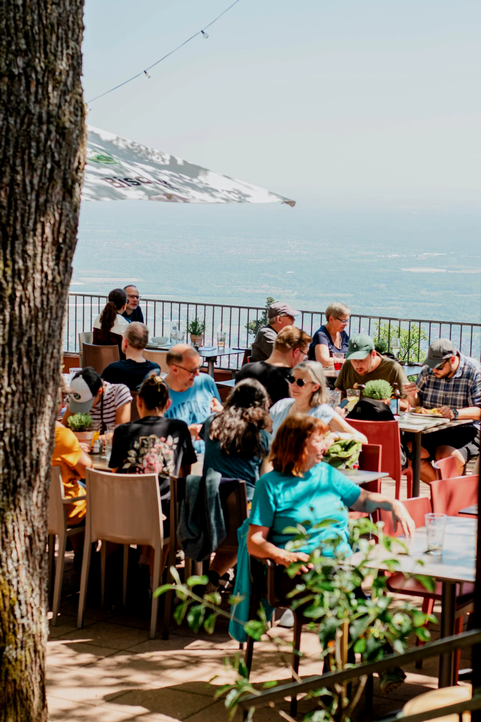 Menschen sitzen an einem Restaurant im Freien mit Blick auf die Landschaft, einige trinken und essen, während ein Baum und eine Markise Schatten spenden.