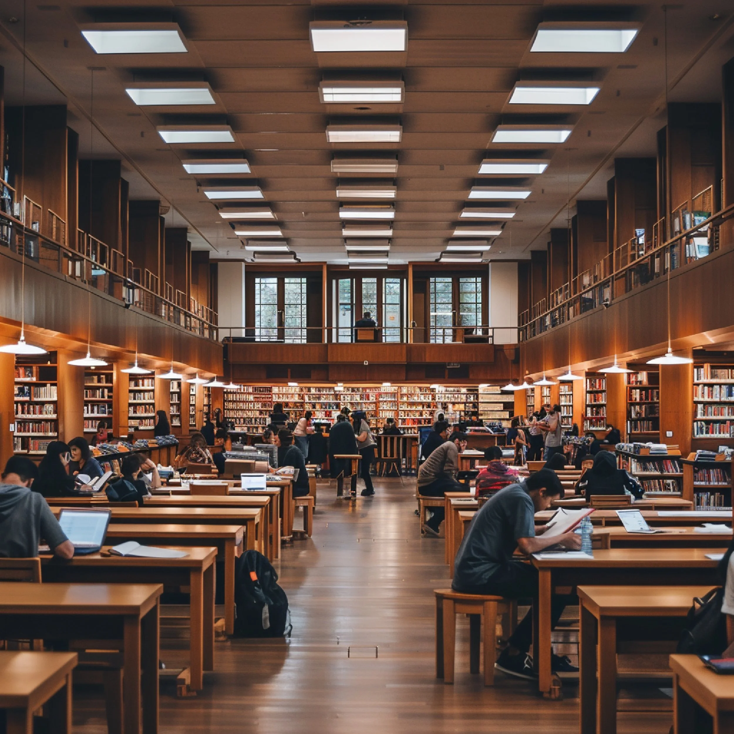 Inside a large, well-lit library with wooden shelves filled with books, students and visitors reading or studying at wooden tables, with a balcony overlooking the main floor and large windows at the back letting in natural light.