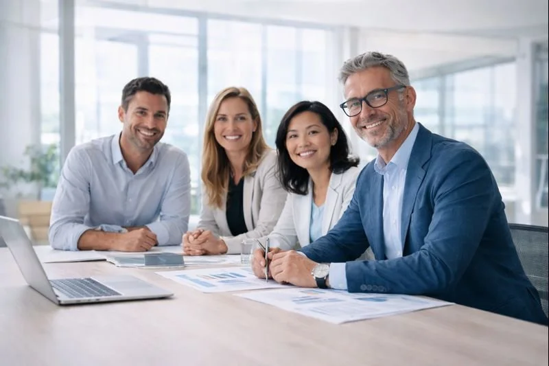 Four professionals sitting at a conference table in a modern office, smiling at the camera. There is a laptop and documents on the table in Winnipeg Canada