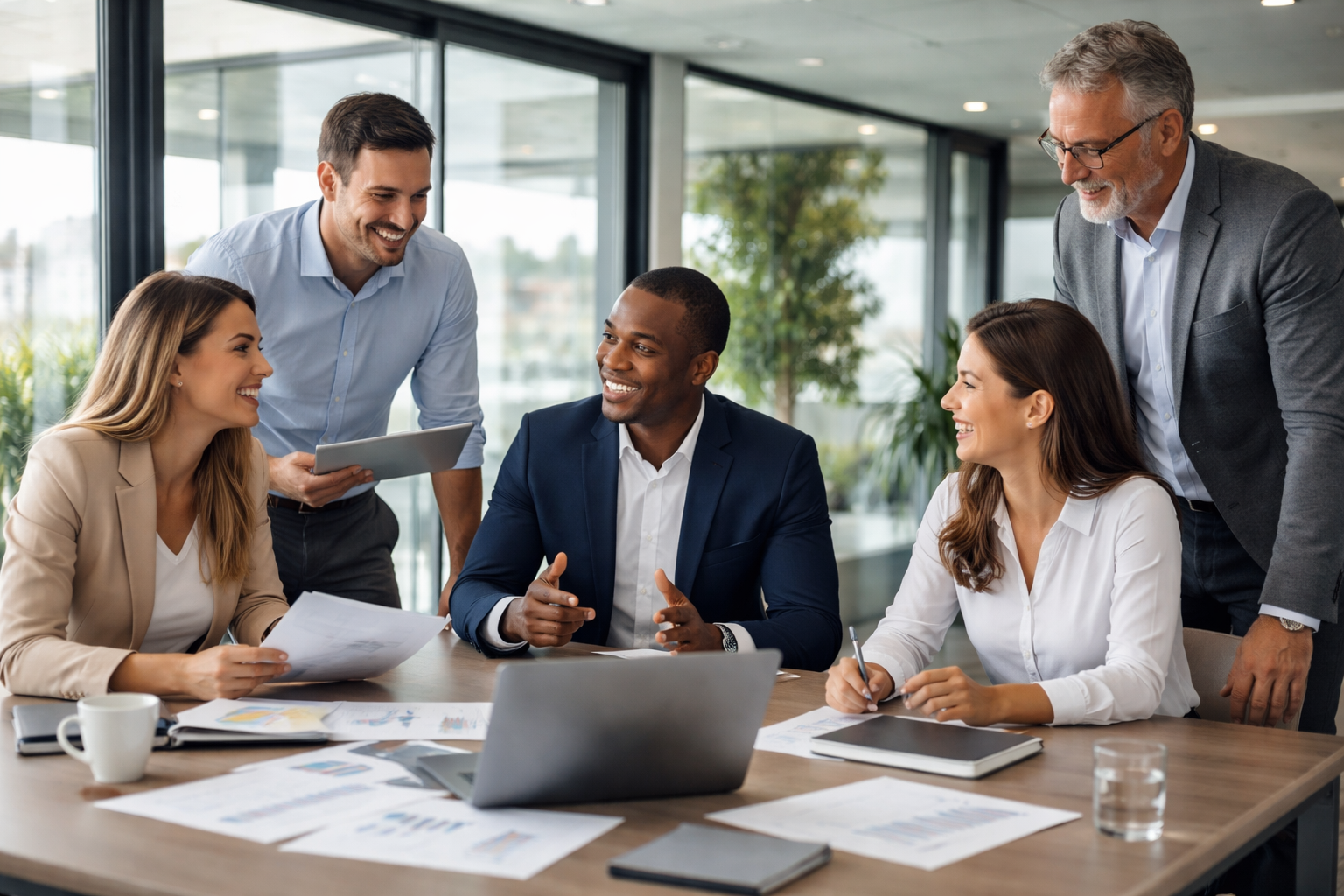 A diverse group of five professionals in business attire gathered around a table in a modern office, engaged in a discussion and smiling. The table has documents, a laptop, notebooks, a pen, a coffee mug, and a glass of water. Two people are standing, and three are seated, with one woman holding papers and another woman taking notes.