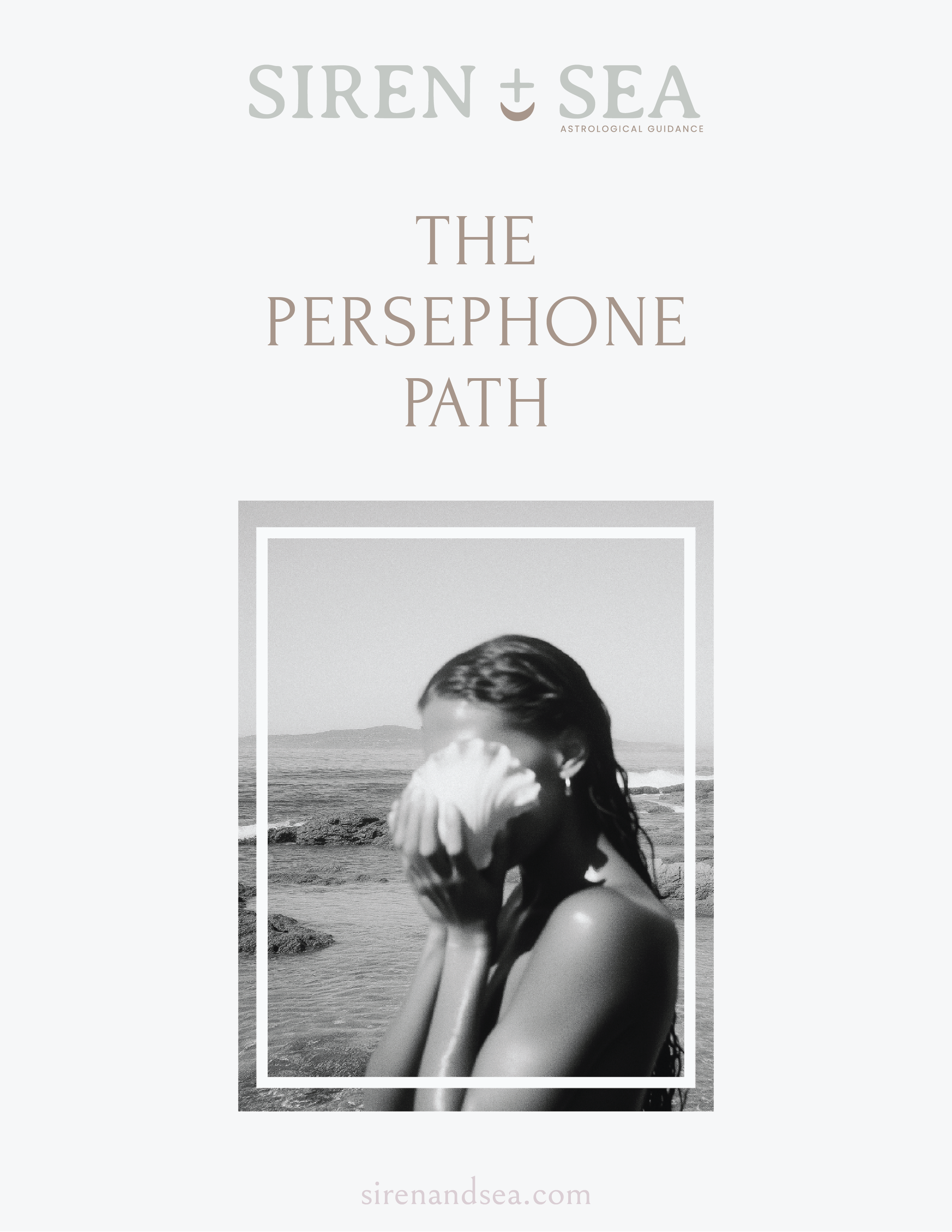 The image shows the first page of an astrology report with the company logo, a picture of a woman holding a shell in front of her face on the beach with only her upper body visible, a website link.