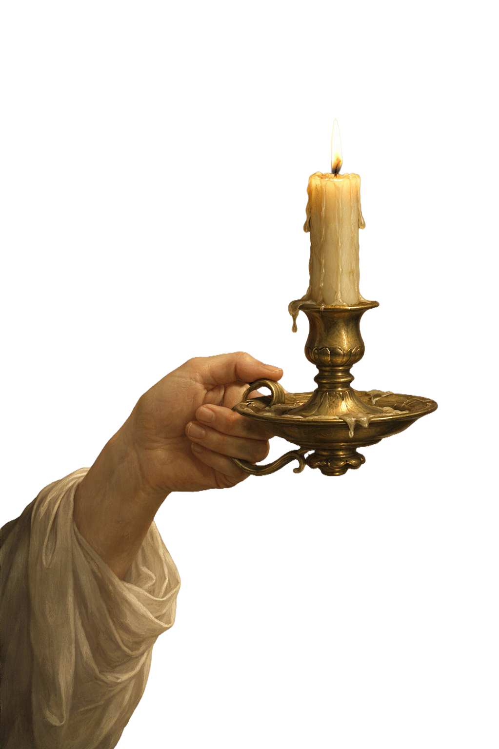 A hand holding a brass candle holder with a lit melting candle against a black background.
