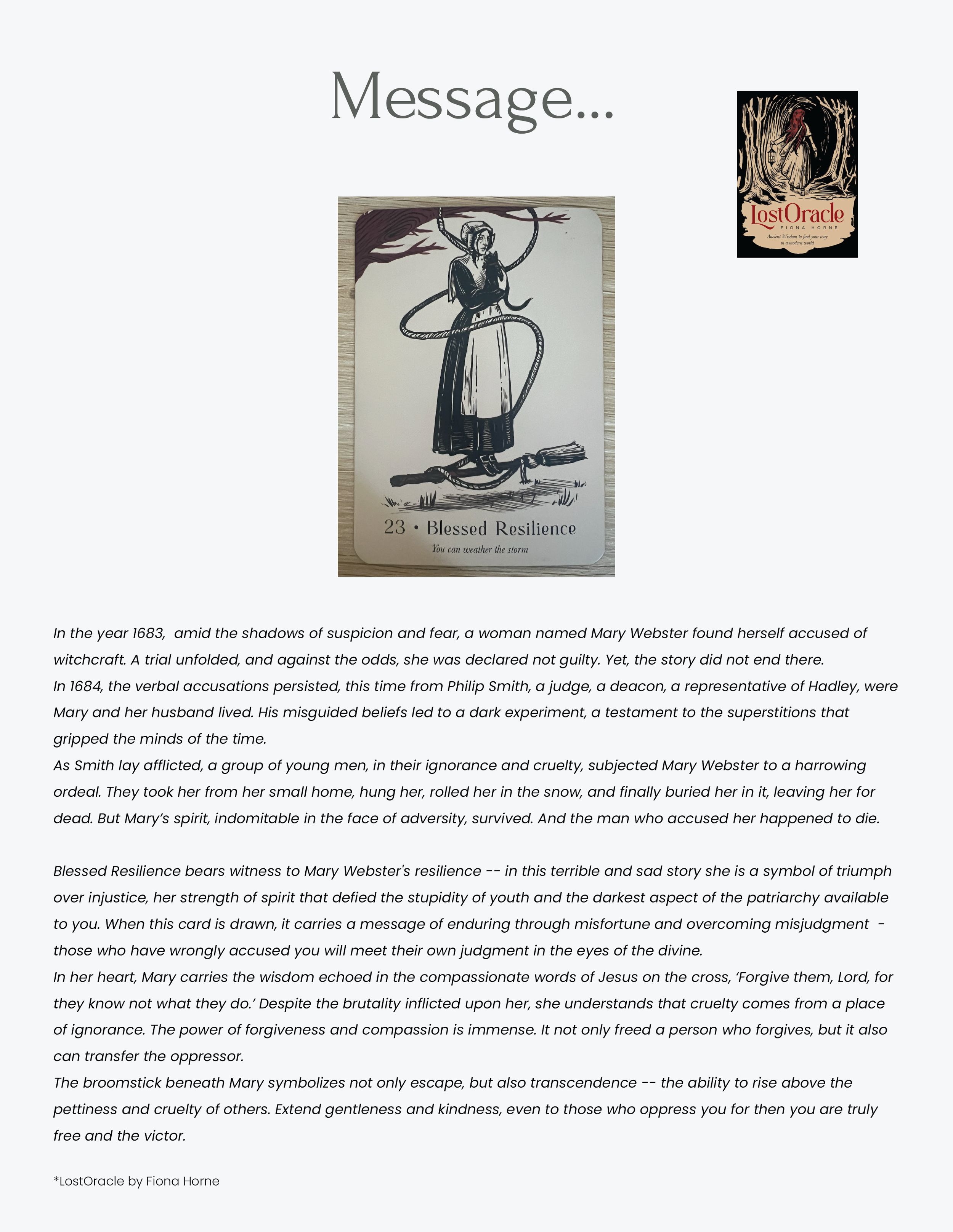 This image shows the Oracle card bonus page example with an oracle card and description of the card.