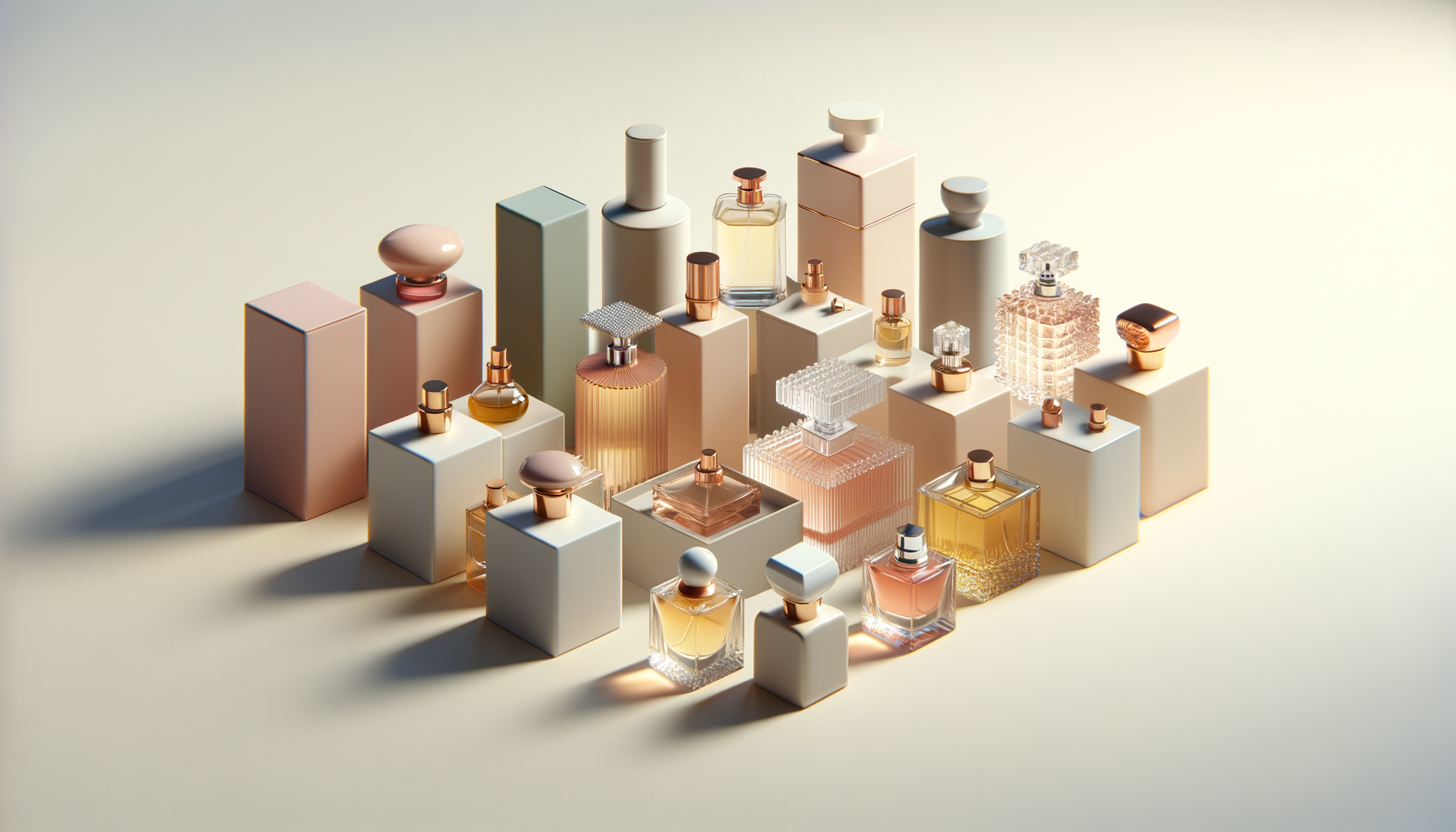 Collection of luxury perfume bottles on white blocks with soft lighting and shadows.