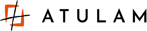 Logo d'Atulam avec un symbole graphique orange et noir et le texte 'ATULAM'