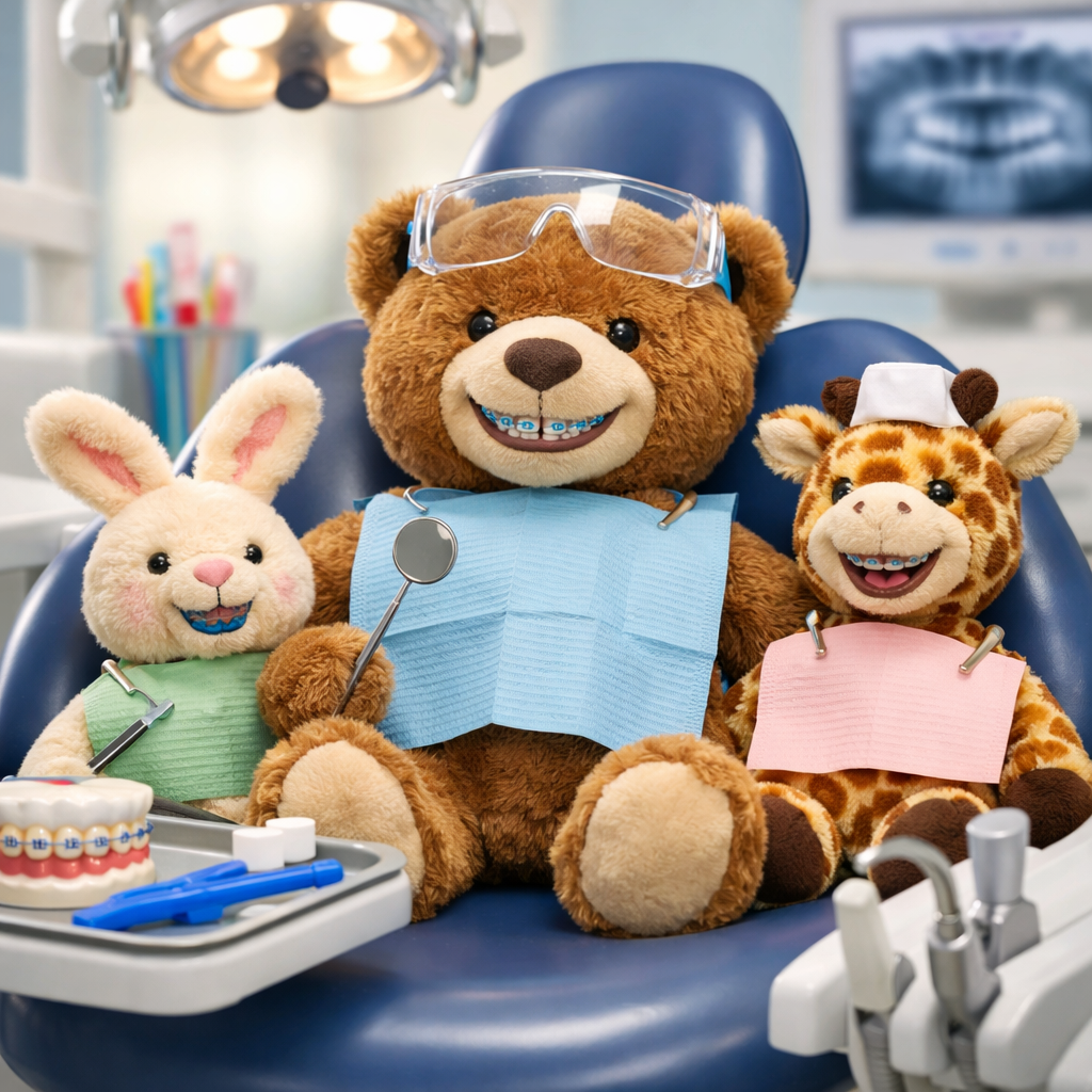 Teddy bears com visual de animais fazendo atendimento odontológico, usando jalecos e instrumentos de dente, em uma sala de consultório.