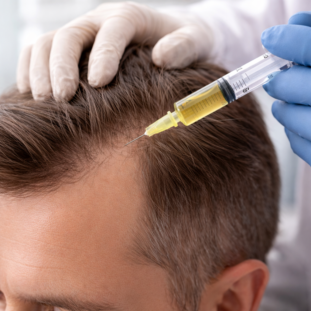 Profissional aplicando injeção na cabeça de um paciente com cabelo castanho, usando luvas azuis.